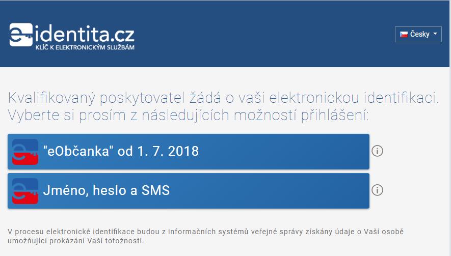 Obrázek 2: Okno pro výběr prostředku pro elektronickou identifikaci Tento odkaz uživatele přesměruje na stránku pro identifikaci občanským průkazem. 4.