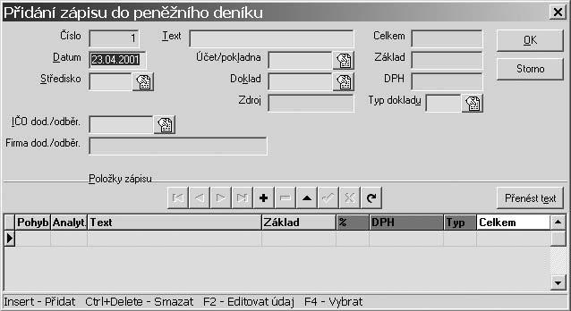 Databáze Obr. 5.1: Záznam zápisu v peněžním deníku Jak vidíme, u záznamu jsou definována pole. Např. číslo, datum, středisko, text apod. Jak bylo výše uvedeno, databáze má pevnou strukturu.