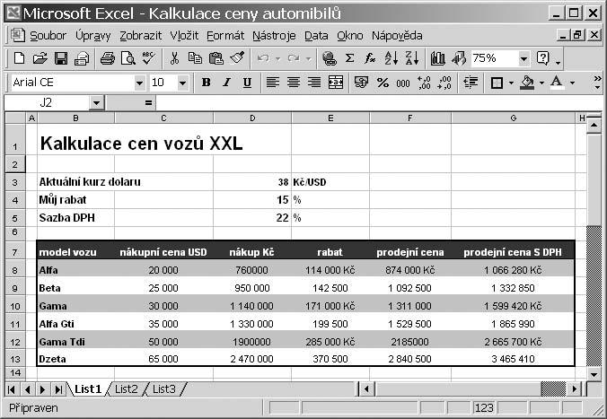 Tabulky a grafy Obr. 7.1: Tabulka: Kalkulace ceny Na této tabulce se seznámíme se základními pojmy používanými při práci s tabulkovým procesorem. 7.1.2 Základní pojmy Jak je vidět na obrázku nahoře, tabulka se skládá z řádků a sloupců.