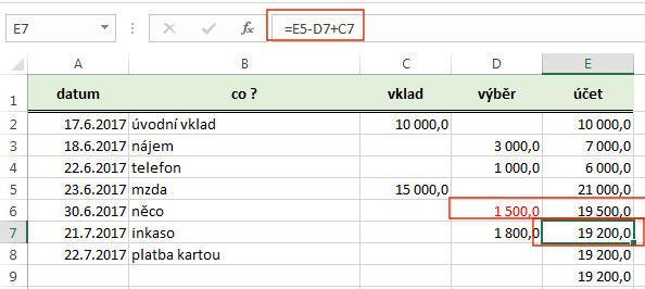 Na obrázku (Obrázek 30) vidíte výpočet zůstatkové denní hodnoty a následující obrázek hned ukazuje, co se stane, když dovnitř tabulky vložíte nový řádek a vzorec pouze nakopírujete do prázdné buňky.