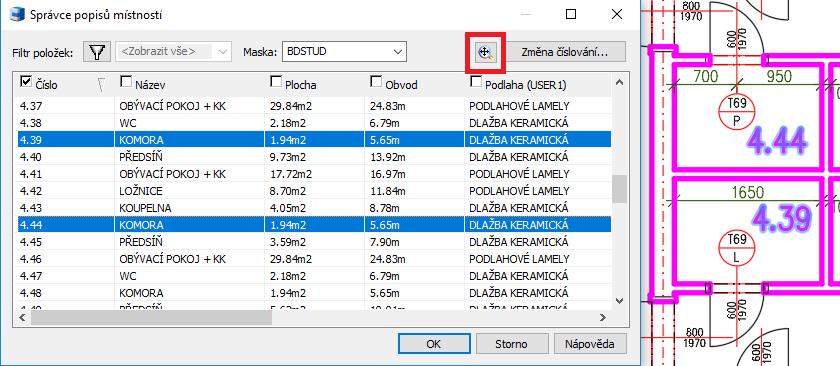 Popisy místností Dohledání místnosti ve výkresu (pouze pro plný AutoCAD) Správce místností umožňuje vyhledání konkrétní místnosti ve výkresu včetně jejich zvýraznění.