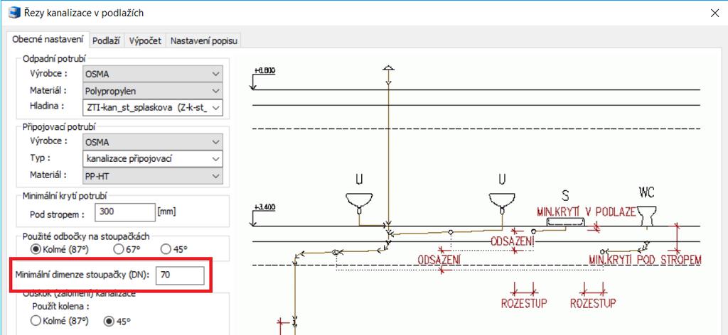 Zadání minimální dimenze potrubí stoupaček. Program lépe vyhodnocuje výhodnější dopojení zařizovacích předmětů na dvojité odbočky.