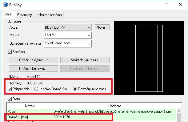 Rozměry dle připojeného schéma Možnost přizpůsobení hodnoty položky Rozměry dle načtené velikosti schéma.