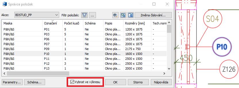 ukončení funkce správce. Provedeného výběru bublin se využije při potřebě dalších úprav bublin pomocí základních příkazů CADu. Volba pro výběr bublin ve výkresu dle aktuálního výběru ve správci.