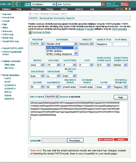 Obrázek 24 Zadávání sekvence a parametrů do online programu FASTA dtb.