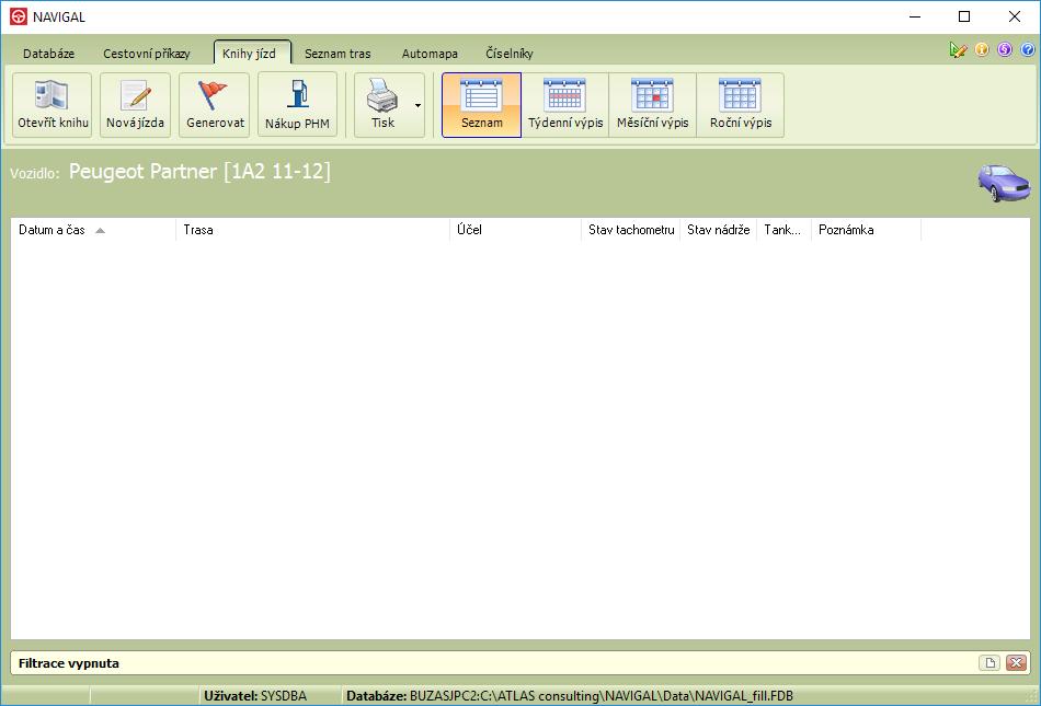 5. Kniha jízd Jednou z nejdůležitějších funkcí v programu NAVIGAL je Kniha jízd. Slouží k evidenci provozu motorového vozidla.