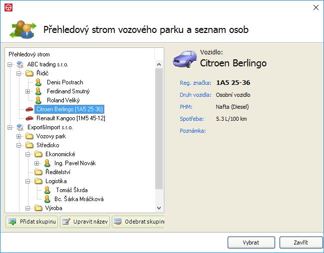 Přehledový strom vozového parku a seznam osob Přehledový strom umožňuje kromě výběru konkrétních osob či vozidel pro dané funkce také podrobné zobrazování společností, osob a vozidel.