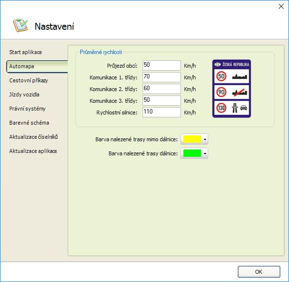 Nastavení Automapa Pro výpočet času potřebného na průjezd trasou jsou použity zadané hodnoty z dialogového okna Automapa.