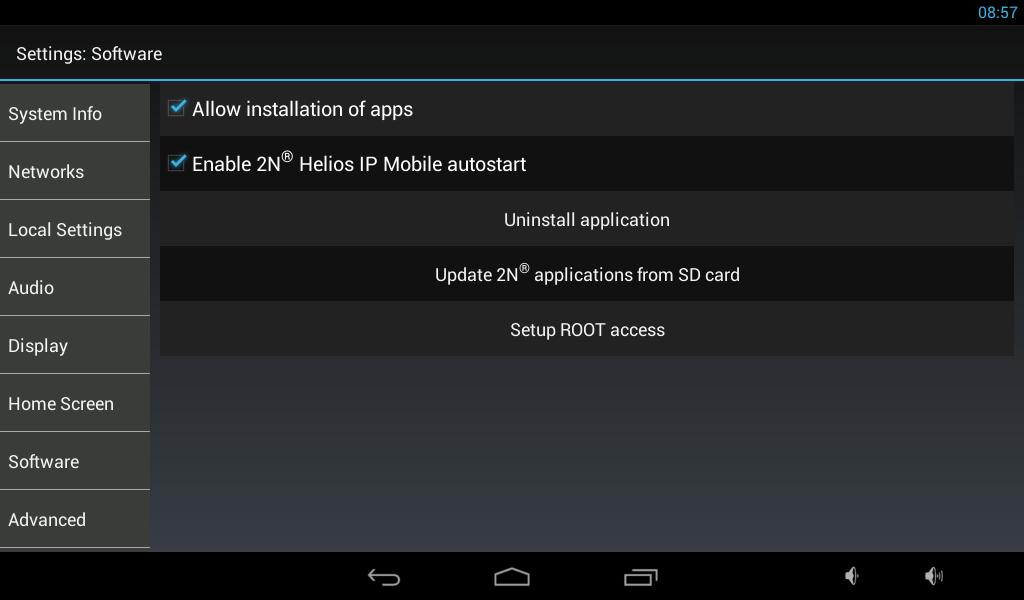 Software Allow installation of apps from unknow sources povolení/zakázání instalace dalších aplikací pomocí microsd karty (SDHC) max 16GB, nebo uložených ze sítě Internet Upozornění Instalace