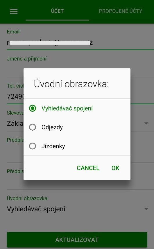 NASTAVENÍ ÚVODNÍ OBRAZOVKY V sekci UŽIVATEL je možné dole na stránce nastavit, která z obrazovek se