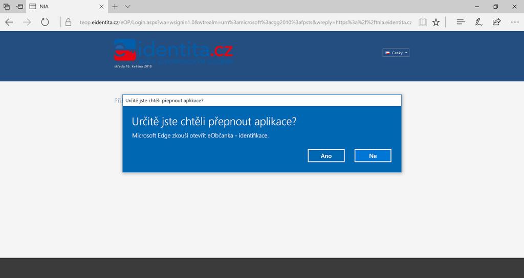 Obrázek 16: Dotaz na spuštění eobčanka identifikace v Microsoft Edge 6.1.4 Vypnutí dotazu v MS Internet Explorer V internetovém prohlížeči Microsoft Internet Explorer se dotaz na spuštění aplikace eobčanka - identifikace obvykle nezobrazuje.