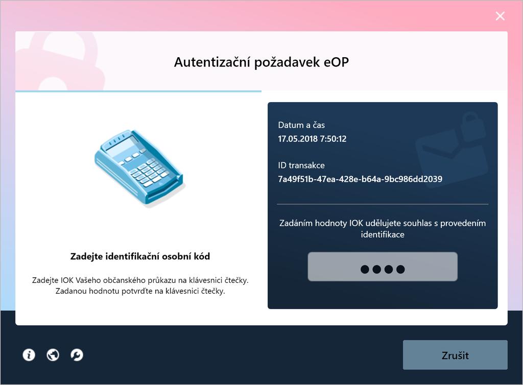 Obrázek 18: Zadání IOK při použití čtečky s klávesnicí, bez displeje Aplikace vyzve uživatele, aby zadal hodnotu IOK na klávesnici čtečky.