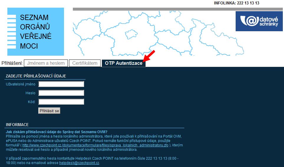 4. Přihlašování do aplikací pomocí OTP 4.1. Správa dat Zobrazte si přihlašovací stránku aplikace Správa dat na adrese: https://www.czechpoint.