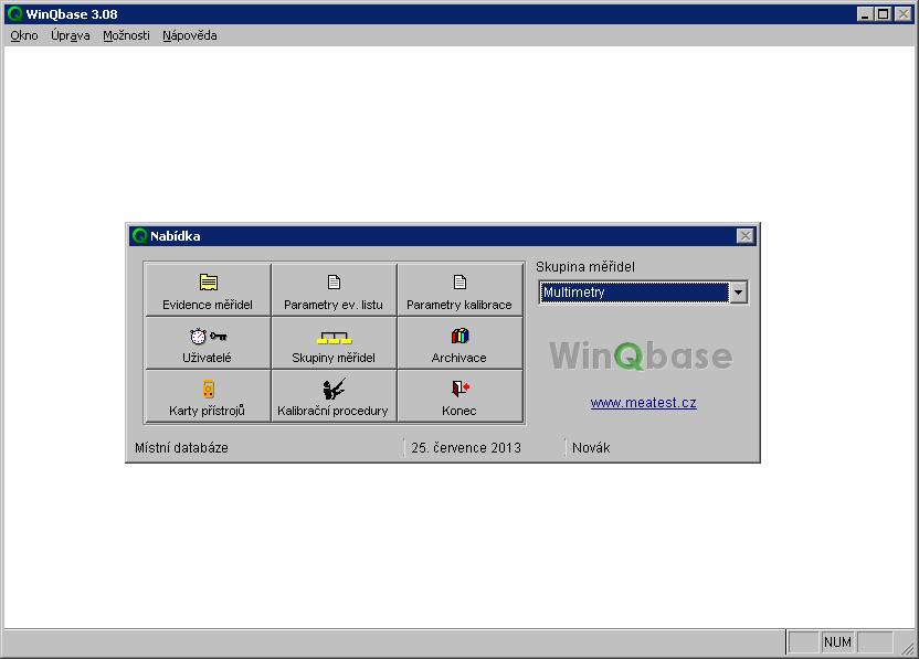 WinQbase 3.08 MEATEST 2. HLAVNÍ NABÍDKA Po zadání hesla se zobrazí základní nabídka programu. Obrazovka se skládá ze tří částí. Jsou to : 1.