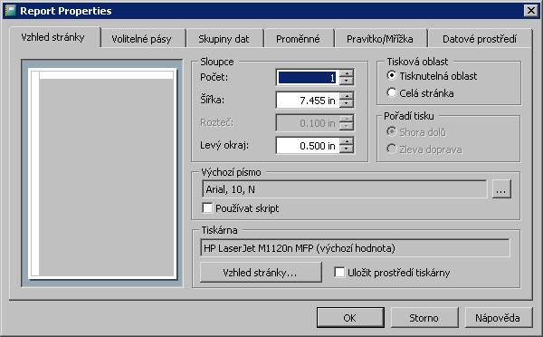 MEATEST WinQbase 3.08 4.4.4 Vlastnosti tiskové sestavy Na tomto panelu se nastavují globální vlastnosti tiskové sestavy. Panel obsahuje 6 záložek a některé z nich se aktivují z menu tiskové sestavy.