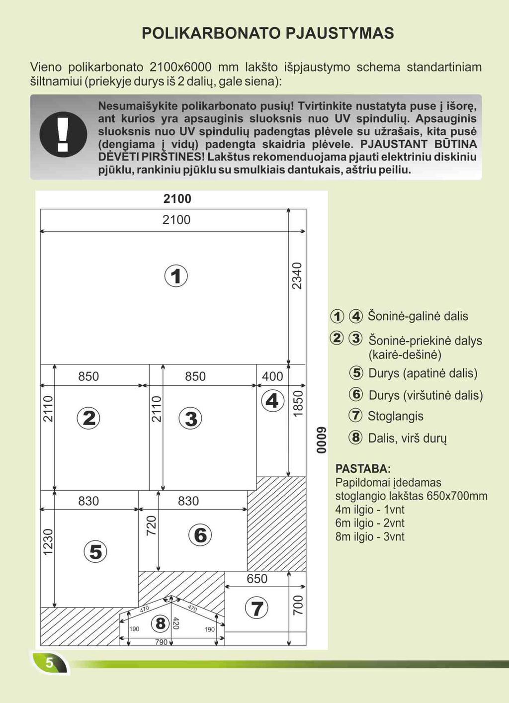 Řezání polykarbonátu Schéma pro řezání polykarbonátu z desky 2100x6000 mm na skleník Standard (dvojité dveře vpředu a stěna vzadu). Upozornění: Polykarbonát musí být otočený správnou stranou ven.