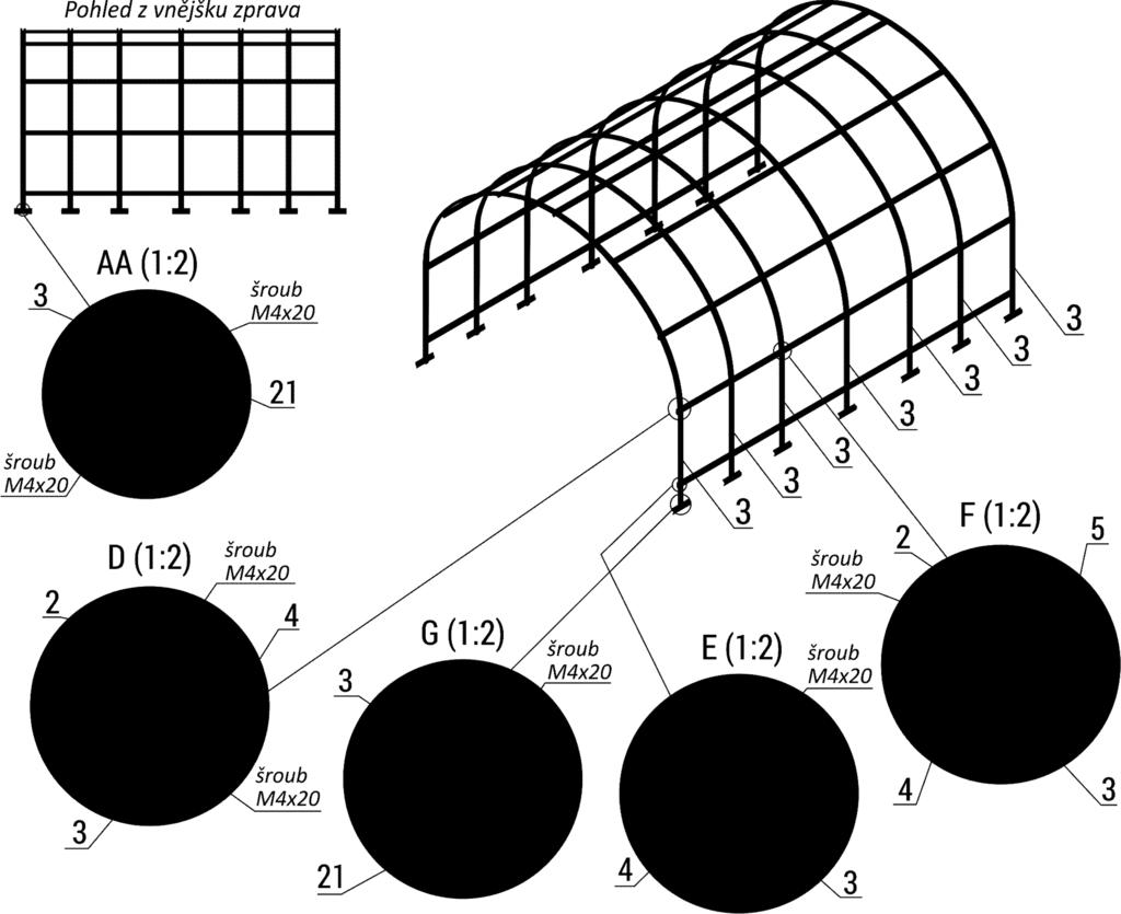 2 kolmo spojovací vodorovné profily 4 a 5 opět ve stejném pořadí jako v oblouku, tj. 4 + 5 + 4 viz detail D a F. V křížení obloukových profilů č. 2 a č.