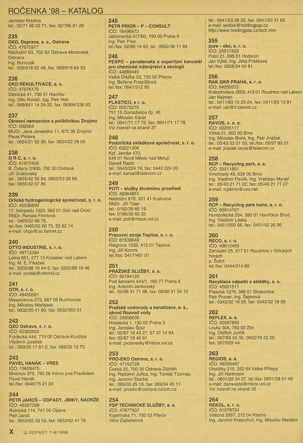 ROČENKA 98 - KATALOG Jaroslav Kladiva tel.: 02/71 96 02 71, fax: 02/786 61 26 235 OKD, Doprava, a. s., Ostrava IČO: 47675977 Nádražní 93, 702 62 Ostrava-Moravská Ostrava Ing. Bonczek tel.