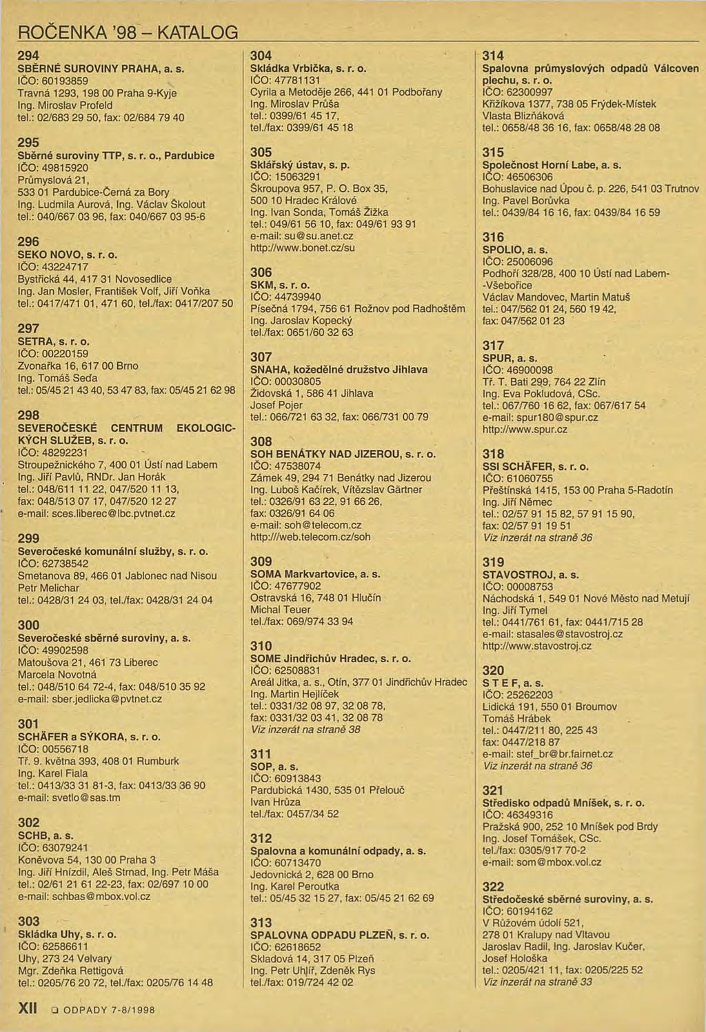 ROČENKA 98 - KATALOG 294 SBĚRNÉ SUROVINY PRAHA, a. s. IČO: 60193859 Travná 1293, 198 00 Praha 9-Kyje Ing. Miroslav Profeld tel.: 02/683 29 50, fax: 02/684 79 40 295 Sběrné suroviny TTP, s. r. o.