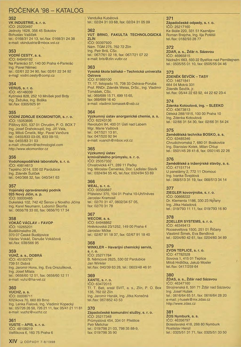 ROČENKA 98 - KATALOG 352 VK INDUSTRIE, s. r. o. IČO: 25220497 Jednoty 1628, 356 45 Sokolov Bohuslav Vašíček tel.: 0168/31 24 13, tel./fax: 0168/31 24 38 e-mail: vkindustrie@mbox.vol.