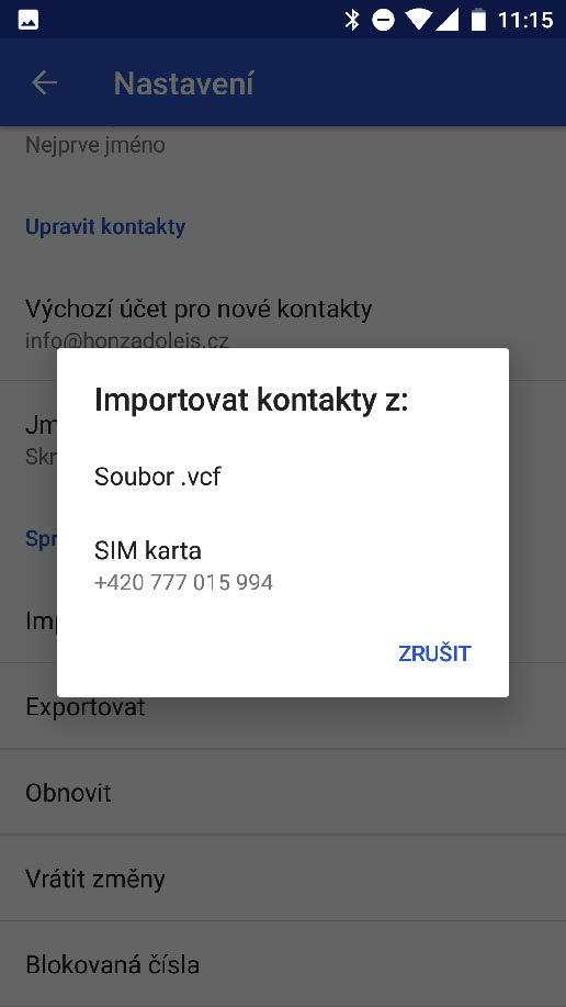 Importovat, SIM karta a klikněte na IMPORTOVAT.