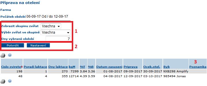 - Příprava na otelení - Seznam zvířat, která se budou telit ve vámi vybraném období (viz.
