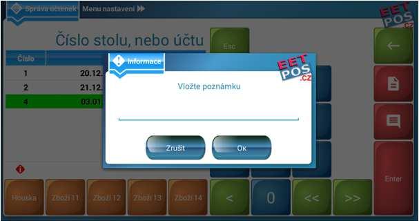 [0] [*] [Kód] [Enter] nebo [%] [Kód] [Enter] - zobrazí informace o zboží na váze, následuje [Enter] (funkce sejmutí údajů o množství z vah a prodej tohoto množství) [Účty Stoly] [Komentář] jedná se o
