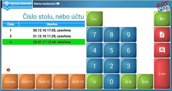 Nový stůl nebo účet otevřeme v části Účty Stoly stisknutím čísla a tlačítka enter. Jestliže stiskneme např. číslo [2], otevřeme si stůl číslo 2.