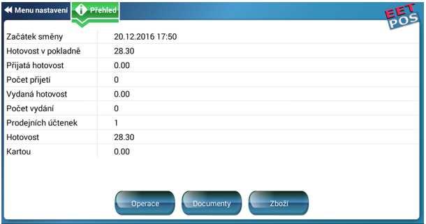 7.1. Aktuální přehledy V menu nastavení si můžeme zobrazit aktuální přehled, kde se nám zobrazí informace o aktuálním přehledu, jako hotovost v kase, příjmy a
