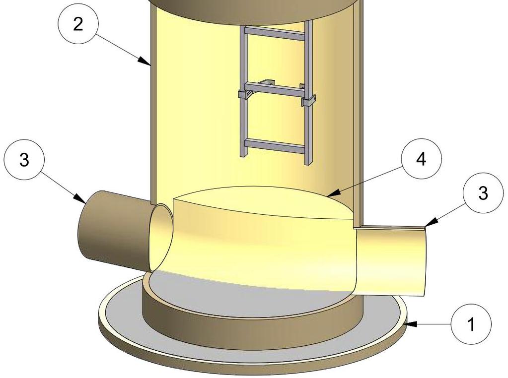 vlivu vztlaku 2 Stěna šachty 3 Potrubí přítoku/odtoku 4 Podesta (možno upravit podle provozních zvyklostí) 5 Spojka (při vícedílném provedení) 6 Žebřík 7 Zákrytová deska