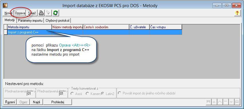Návod na import adresáře z programů EkoSW pro DOS v hlavním menu vlevo Databáze řádek Import dat z modulů EkoSW (DOS) okno Import databáze z EKOSW PCS pro DOS záložka Metody na řádku Import z