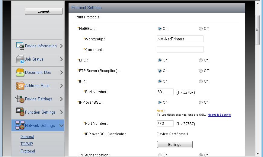 Instalace a nastavení zařízení > Embedded Web Server RX Nastavení SMTP a e-mailu Nakonfigurováním nastavení protokolu SMTP je možné odesílat obrazy naskenované zařízením jako e-mailové přílohy a