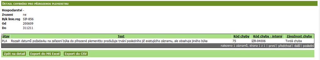 1. Evidence přirozené plemenitby Na záložce Přirozená plemenitba na detailu zvířete druhu skot je zobrazen Seznam přirozené plemenitby což je aktuálně evidovaný stav přirozené plemenitby daného