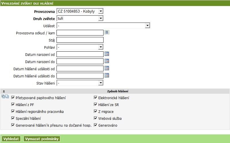 6.6. Vyhledání zvířat dle hlášení Obrazovka slouží pro vyhledání seznamu zvířat dle zvolených kritérií podle charakteru POHYBU.