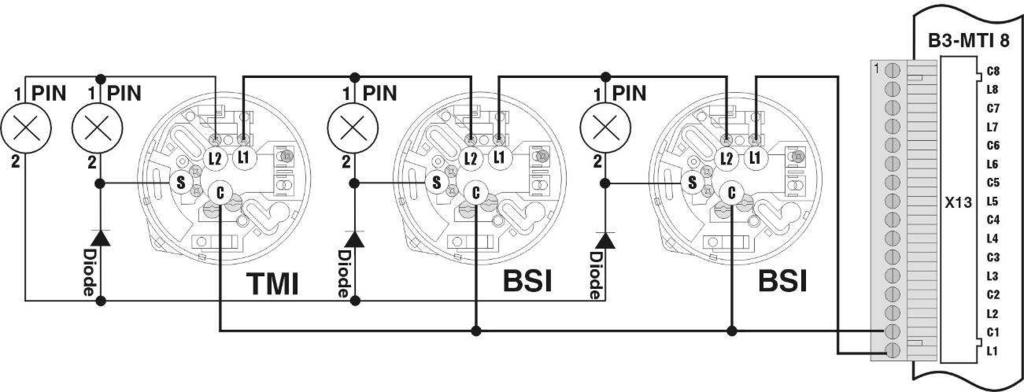 Zapojení patic BSI a TMI s paralelním indikátorem nebo bez něho Zapojení patic BSI a
