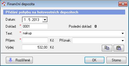 8.2 Jak zadat příjem nebo výdej? Princip zadávání pohybů je společný pro všechny typy finančních depozit. Finanční depozita tvoří jednu ze sekcí v kartě klienta. Nejdřív si otevřete tuto sekci. (Kde?