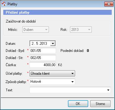 Při zadávání platby vyberte měsíc, do kterého platba náleží. Tento měsíc může být jiný, než je datum platby. Doklady jsou automaticky číslovány dle stejných pravidel jako finanční depozita.