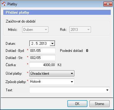 Při zadávání platby vyberte měsíc, do kterého platba náleží. Tento měsíc může být jiný, než je datum platby. Doklady jsou automaticky číslovány dle stejných pravidel jako finanční depozita.