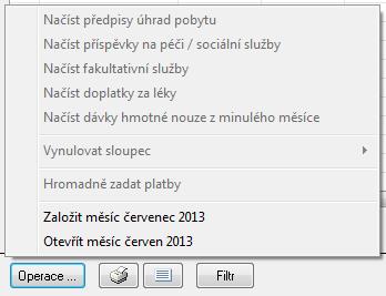 Klepněte na tlačítko Operace a vyberte položku Založit měsíc. Bude načten seznam klientů, kteří mají nastaven příznak, že mají být zahrnování do hromadného vyúčtování.