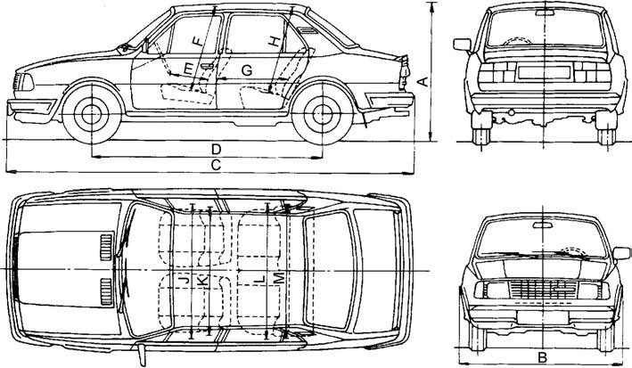 Rozměrový náčrtek vozu Škoda 105, 120 do 07/83