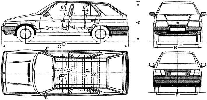 30 Automobily Škoda technické a seřizovací hodnoty Rozměrový náčrtek vozu Forman Rozměry vozu Forman A celková výška asi1425 mm B maximální šířka 1620 mm C maximální délka 4160 mm, 4200 mm 2) D