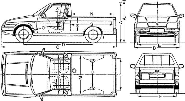 Škoda Favorit, Forman, Pick-up 31 Rozměrový náčrtek vozu Pick-up Rozměry vozu Pick-up A celková výška asi1430 mm B maximální šířka 1620 mm C maximální délka 4065 mm, 4105 mm 2) D rozvor náprav 2450