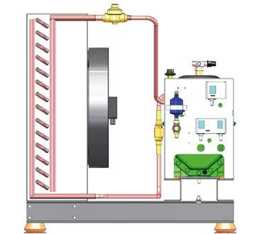 kondenzátor se dvěma ventilátory, rám s antivibračními patkami, zásobník chladiva s rotalock ventilem, ventil zpětný výtlak.