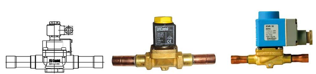 PŘÍSLUŠENSTVÍ CASTEL, DANFOSS Solenoidy CASTEL Připojení Ø (mm) Kv faktor (m 3 /h) Solenoidy - letovací připojení 7301001 1028/A6 6 0,175 616,- 7301003 1068/M10A6 10 0,8 866,- 7301004 1068/M12A6 12