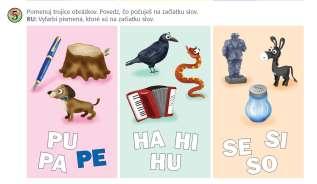 Obdobne postupujeme pri ďalších dvojiciach obrázkov (rebrík RE, reďkovka RE, návrh ďalších slov: retiazka, remeň, recept, reklama, repa; bodliak BO, bonbón BO, návrh ďalších slov: bobor, bobuľa,
