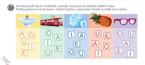 Kartičku s nájdeným písmenom U zafarbíme. Pre kontrolu ukážeme žiakom písmeno U na svojej kartičke. Takto postupujeme pri všetkých obrázkoch. 4.