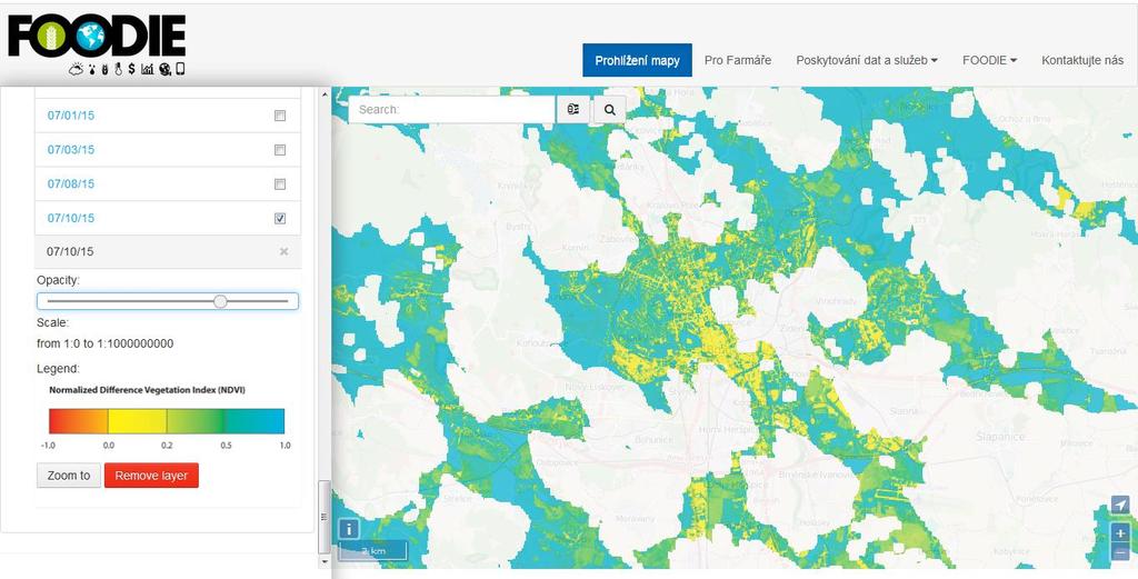 Ukázka dat NDVI na portálu Stanovení variability pozemků (výnosový potenciál, produkční zóny) Výnosy nejsou uniformní v rámci pozemků Procentuální kategorizace (oblasti podprůměrného/nadprůměrného