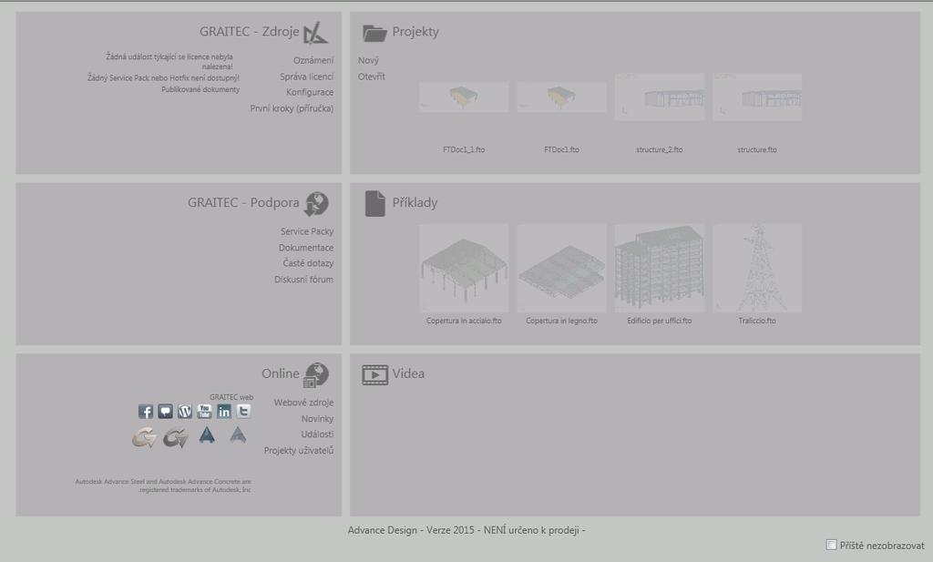 Nová úvodní obrazovka Advance Design 2015 nyní přichází se zcela novou úvodní obrazovkou, která umožňuje