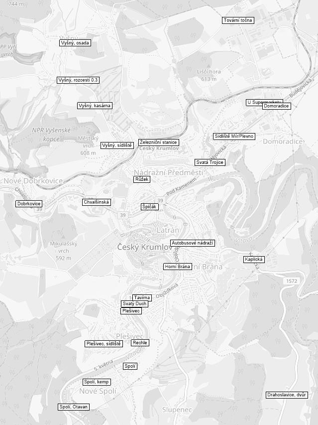 Obrázek 3 Autobusové zastávky na území města Český Krumlov Podle výsledků dotazníkového průzkumu dopravního chování obyvatelé Českého Krumlova uskuteční denně 5000 cest prostředky