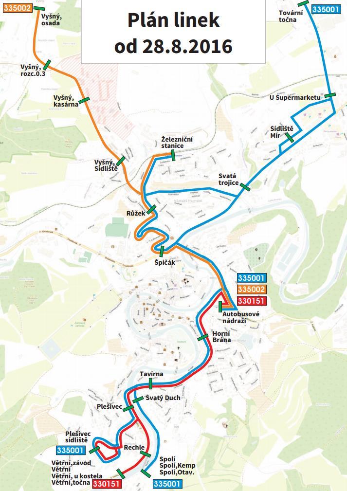 Obrázek 1 Schéma autobusů MHD a příměstské linky 330151 3.1.3 Souběhy linek regionálních a městských autobusů Na hlavních příjezdových komunikacích do Českého Krumlova dochází k souběhu linek regionálních autobusů a linek městské hromadné dopravy.